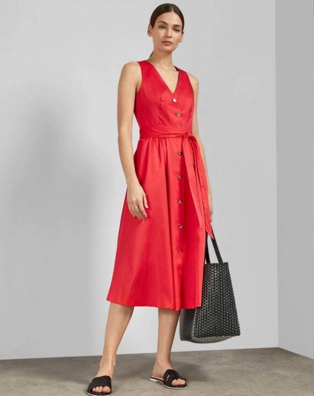 Ted Baker Red Cotton Button Front Ryylie Midi Dress Tie Waist
